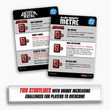 Two Dark Nights: Metal trading cards with game text and graphics on a white background.