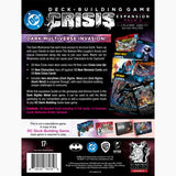 Back cover of a DC Deck-Building Game Expansion Pack 5 packaging with game cards and characters.