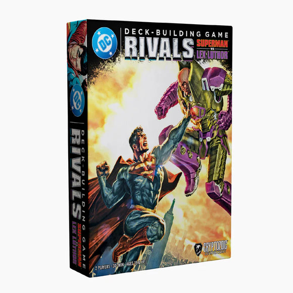 DC Comics 'Rivals' deck-building game box with Superman and Lex Luthor on a white background