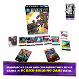 DC Deck-Building Game Rivals packaging with cards and text on a white background