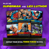 Superman and Lex Luthor trading cards on a purple background with game instructions.