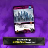 Metropolis promo card with cityscape design on a purple background