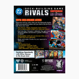 Back cover of a DC Comics Deck-Building Game packaging with superhero characters and game details.