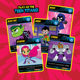 Card game featuring Teen Titans characters on a pink background with promotional text.
