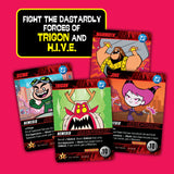 Card game packaging with characters and text on a pink background