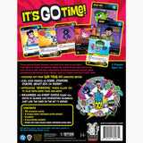 Back cover of a Teen Titans Go! themed card game packaging with character illustrations and text.
