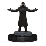 Black masked figure in a long coat on a circular base with a white background