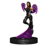 Statue of a superheroine with purple hair and cape on a white background