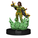 Statue of a character in green and yellow outfit with cape on a white background