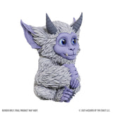 Fantasy creature figurine with gray fur, purple accents, and horns on a white background.