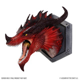 Red dragon head sculpture on a gray shield with 'Wizards of the Coast LLC' branding.