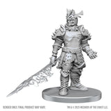 Unpainted fantasy warrior figurine with armor and sword on a white background