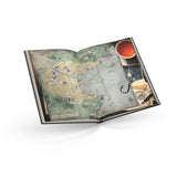 Open book with a detailed map and illustrations on a white background