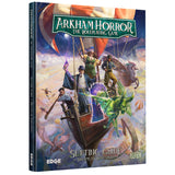 Arkham Horror roleplaying game setting guide with colorful cover featuring characters and dragons.