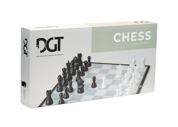 Chess set packaging with pieces and board on a white background