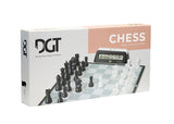 Chess set packaging with chessboard, pieces, and clock on a white background