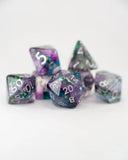 Set of purple and gray polyhedral dice on a white background