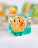 Clear dice with a cartoon character and number 4 on a white background