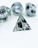 Clear dice with black cat design on a white background