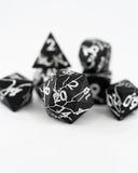 Black dice with white numbering on a white background