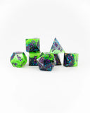 Set of colorful polyhedral dice on a white background