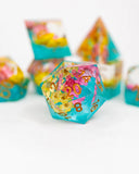 Colorful polyhedral dice set on a white background