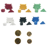 Colorful geometric shapes and decorative buttons on a white background