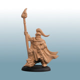 Wooden figurine of a warrior holding a spear on a gradient blue background