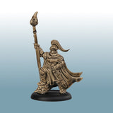 Bronze-colored warrior figurine holding a spear on a light blue background