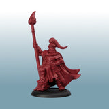 Red fantasy warrior figurine with a spear on a gray background