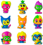 Set of colorful toy figures with unique designs on a white background