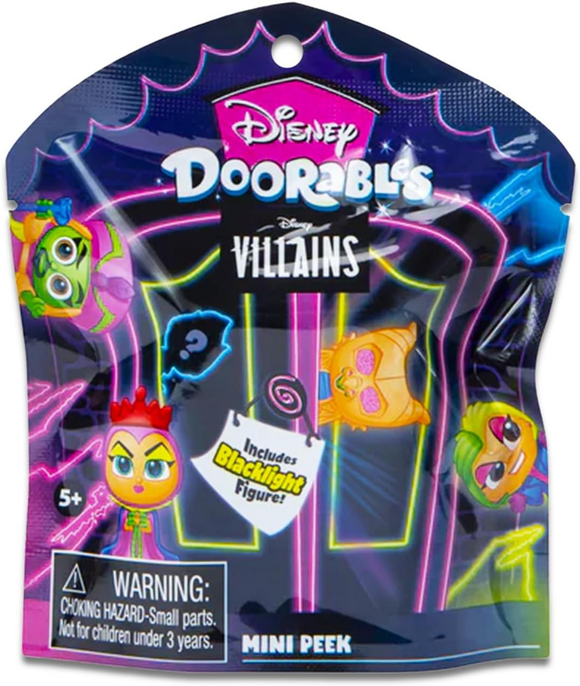 Disney Doorables Villains toy packaging with colorful characters and neon lights.