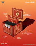Red card holder with textured leather and magnetic closure on an orange background