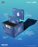 Blue card storage box with features highlighted on a blue background