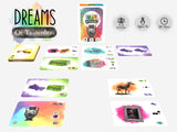 Board game 'Dreams of Yesterday' with cards and packaging on a white background