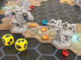 Board game setup with figurines and dice on a hexagonal tile