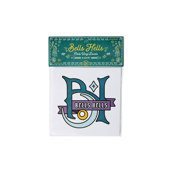 Packaging of 'Bells Hells' vinyl decals with logo and text on a white background