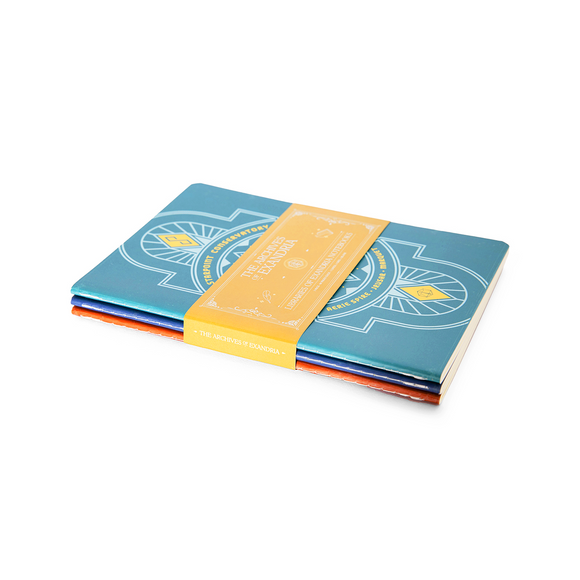 Set of three notebooks with colorful covers and a yellow band on a white background