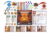 Board game components including cards, pieces, and a box labeled 'Minos' on a white background.