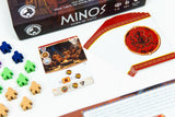 Board game components including pieces and a box labeled 'Minos' on a white background