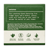 Product packaging with text and icons on a green and white background