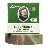 Soap bar with packaging featuring 'Squatch' and 'Star Wars' branding on a green background
