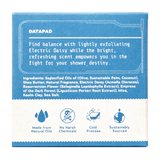 Product packaging with text and icons on a blue and white background