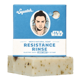 Bar of soap with 'Resistance Rinse' packaging featuring a Star Wars character on a blue background.