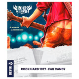 Rock Hard 1977 'Ear Candy' card game box cover by Devir, featuring illustrated concert lighting and a person holding a guitar, with product title text at the bottom.