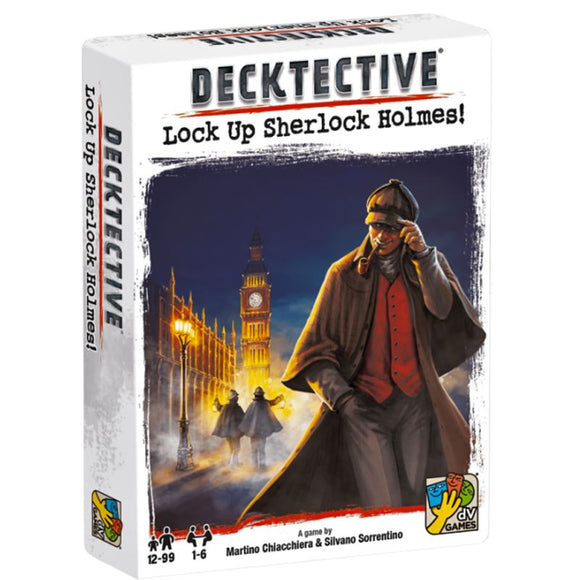 Board game box for 'Decktective' featuring Sherlock Holmes and Big Ben.
