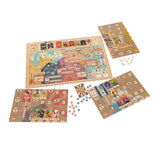 Board game components including a map and cards on a white background