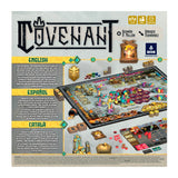 Board game packaging for 'Covenant' with game board and pieces displayed.