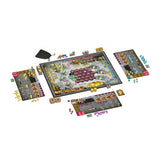 Board game set with various pieces and components on a white background