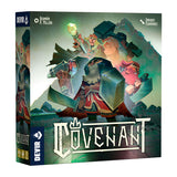 Board game box for 'Covenant' with characters holding stones and mountains in the background.